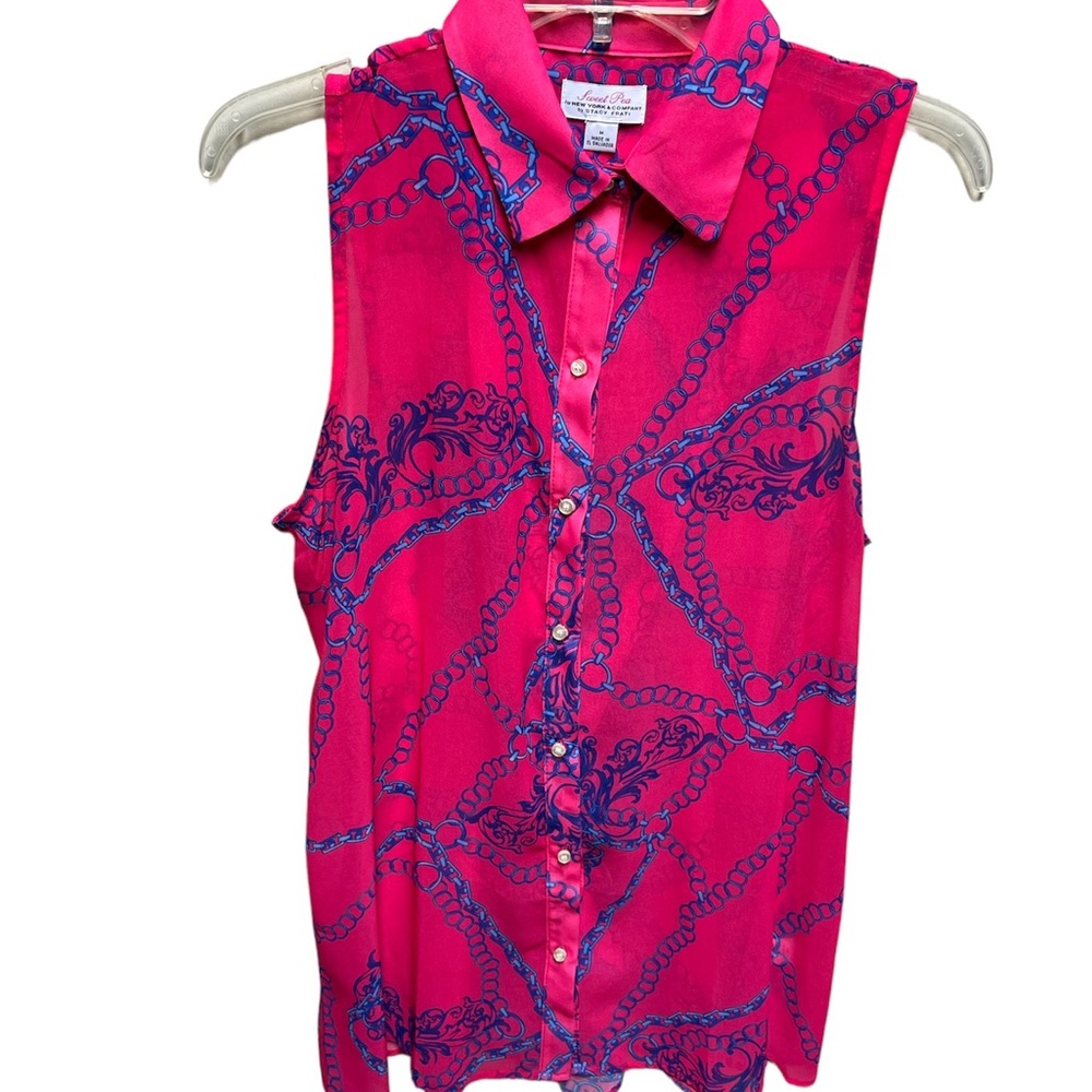 Sweet Pea Pink and blue designer button up tank top
